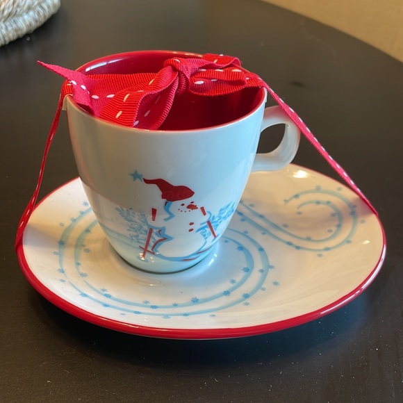 Starbucks Holiday 2007 Coffee Cup & Saucer Set Penguin Snowman Red White Blue - Picture 3 of 7